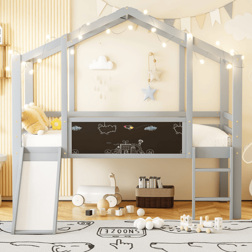 Cama infantil 90x200 cm - Design loft, escada e escorregador de segurança, quadro de grafite, madeira maciça, cinza
