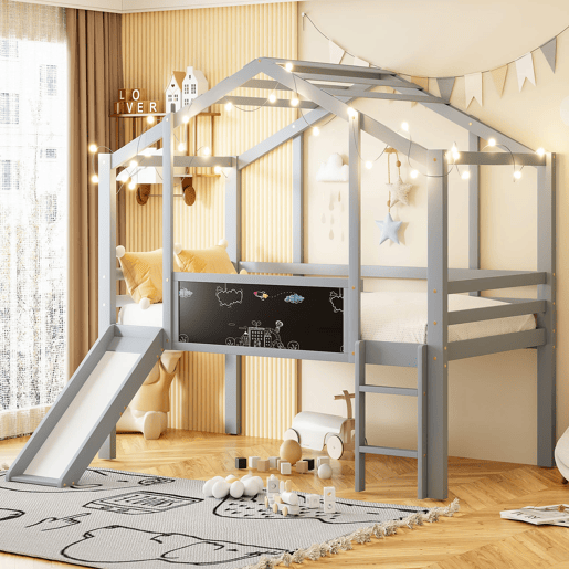 Cama infantil 90x200 cm - Design loft, escada e escorregador de segurança, quadro de grafite, madeira maciça, cinza