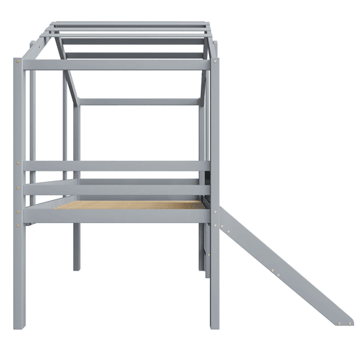 Cama infantil 90x200 cm - Design loft, escada e escorregador de segurança, quadro de grafite, madeira maciça, cinza