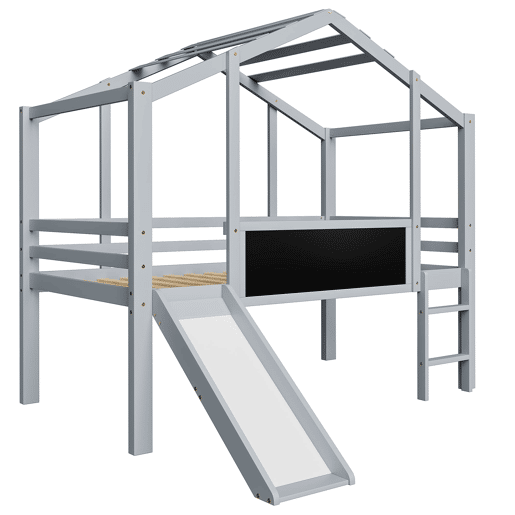 Cama infantil 90x200 cm - Design loft, escada e escorregador de segurança, quadro de grafite, madeira maciça, cinza