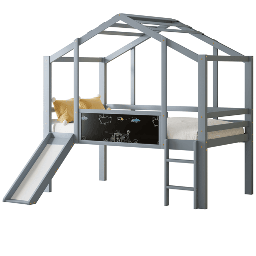 Cama infantil 90x200 cm - Design loft, escada e escorregador de segurança, quadro de grafite, madeira maciça, cinza
