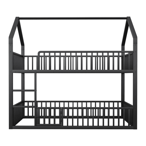 Cama beliche infantil 90x200 - Cama dupla metálica, design loft, com escada e porta pequena, preta
