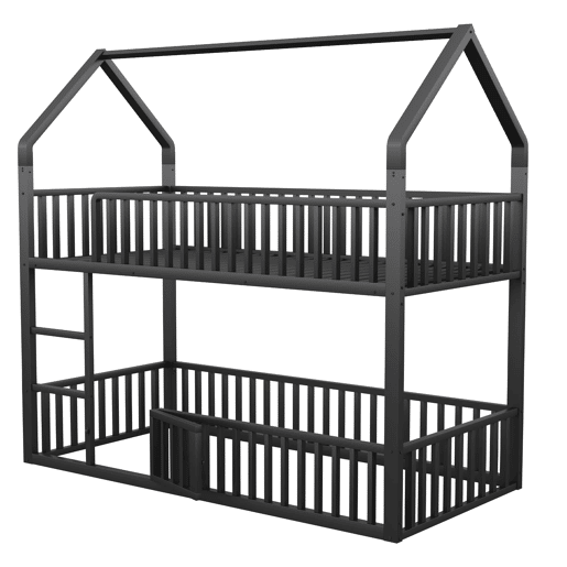 Cama beliche infantil 90x200 - Cama dupla metálica, design loft, com escada e porta pequena, preta