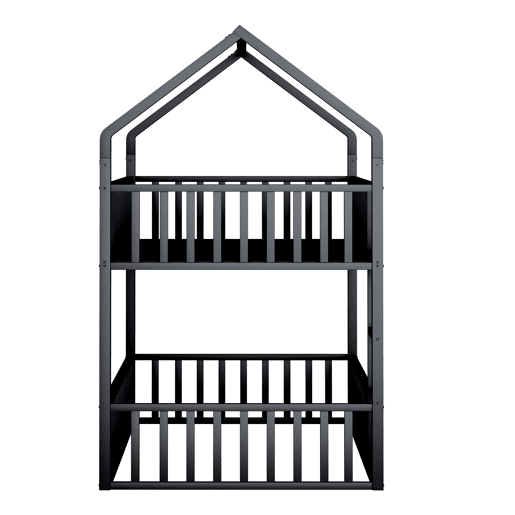 Cama beliche infantil 90x200 - Cama dupla metálica, design loft, com escada e porta pequena, preta