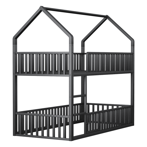 Cama beliche infantil 90x200 - Cama dupla metálica, design loft, com escada e porta pequena, preta