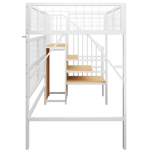 Cama alta metálica 90x200 - Com escada, arrumação, armário aberto, luzes LED controladas por aplicação - Branco e preto