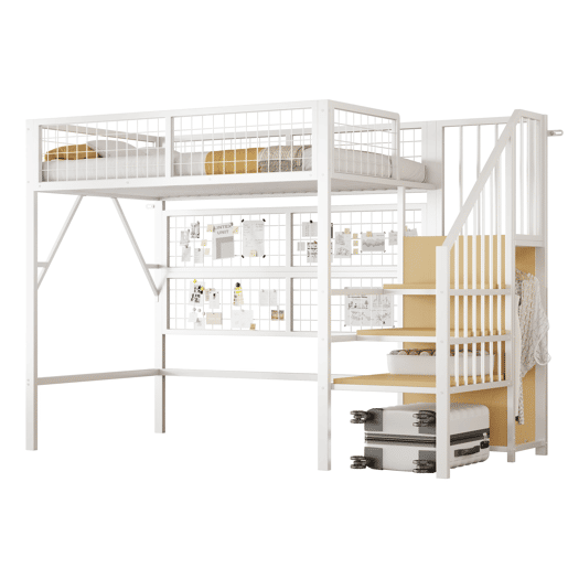 Cama alta metálica 90x200 - Com escada, arrumação, armário aberto, luzes LED controladas por aplicação - Branco e preto