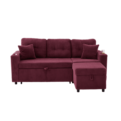 Sofá multifuncional de 3 lugares - Com arrumação, cama extensível, USB-C, iluminação ambiente, porta-copos - Vermelho vinho Sofá multifuncional de 3 lugares - Com arrumação, cama extensível, USB-C, iluminação ambiente, porta-copos - Vermelho vinho