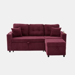 Sofá multifuncional de 3 lugares - Com arrumação, cama extensível, USB-C, iluminação ambiente, porta-copos - Vermelho vinho