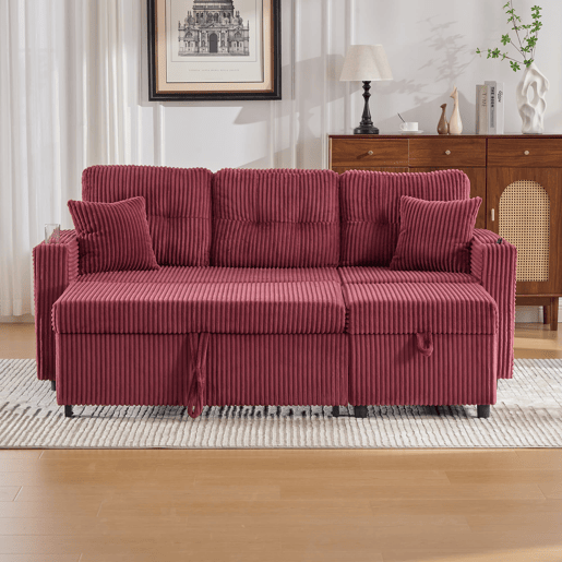 Sofá multifuncional de 3 lugares - Com arrumação, cama extensível, USB-C, iluminação ambiente, porta-copos - Vermelho vinho Sofá multifuncional de 3 lugares - Com arrumação, cama extensível, USB-C, iluminação ambiente, porta-copos - Vermelho vinho
