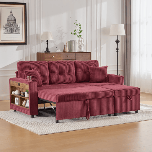 Sofá multifuncional de 3 lugares - Com arrumação, cama extensível, USB-C, iluminação ambiente, porta-copos - Vermelho vinho Sofá multifuncional de 3 lugares - Com arrumação, cama extensível, USB-C, iluminação ambiente, porta-copos - Vermelho vinho