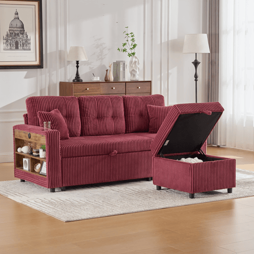 Sofá multifuncional de 3 lugares - Com arrumação, cama extensível, USB-C, iluminação ambiente, porta-copos - Vermelho vinho Sofá multifuncional de 3 lugares - Com arrumação, cama extensível, USB-C, iluminação ambiente, porta-copos - Vermelho vinho