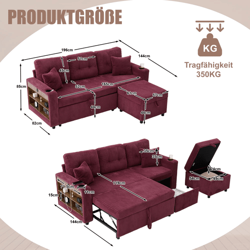 Sofá multifuncional de 3 lugares - Com arrumação, cama extensível, USB-C, iluminação ambiente, porta-copos - Vermelho vinho Sofá multifuncional de 3 lugares - Com arrumação, cama extensível, USB-C, iluminação ambiente, porta-copos - Vermelho vinho