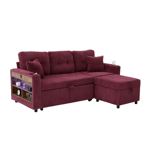 Sofá multifuncional de 3 lugares - Com arrumação, cama extensível, USB-C, iluminação ambiente, porta-copos - Vermelho vinho Sofá multifuncional de 3 lugares - Com arrumação, cama extensível, USB-C, iluminação ambiente, porta-copos - Vermelho vinho