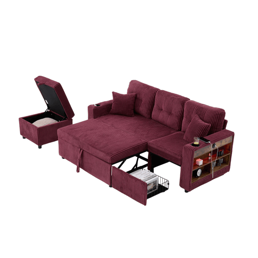 Sofá multifuncional de 3 lugares - Com arrumação, cama extensível, USB-C, iluminação ambiente, porta-copos - Vermelho vinho Sofá multifuncional de 3 lugares - Com arrumação, cama extensível, USB-C, iluminação ambiente, porta-copos - Vermelho vinho