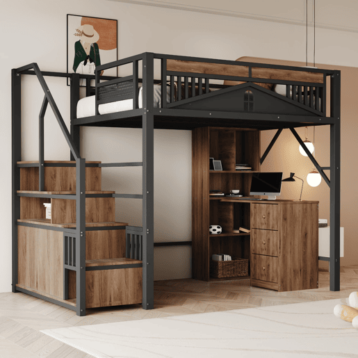 Cama alta metálica 140x200 cm - Cofre com janela, escada com armário - Preto