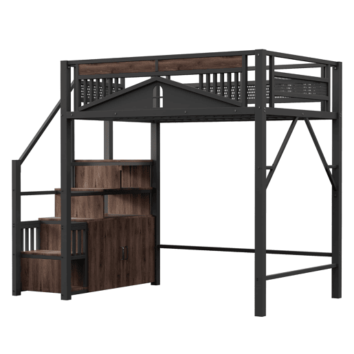 Cama alta metálica 140x200 cm - Cofre com janela, escada com armário - Preto