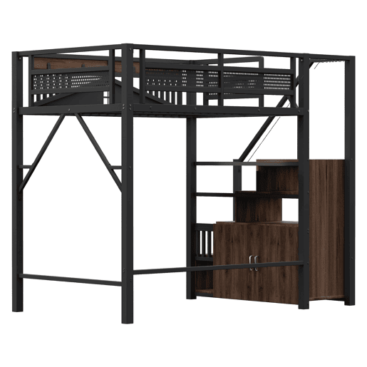 Cama alta metálica 140x200 cm - Cofre com janela, escada com armário - Preto