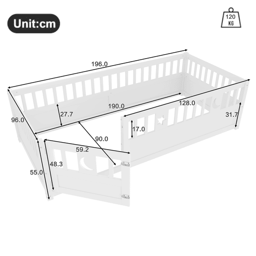 Cama infantil 90x190 cm - Com grades, decoração de estrelas e lua - Branco Cama infantil 90x190 cm - Com grades, decoração de estrelas e lua - Branco