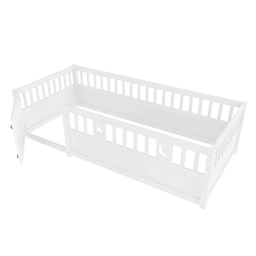 Cama infantil 90x190 cm - Com grades, decoração de estrelas e lua - Branco Cama infantil 90x190 cm - Com grades, decoração de estrelas e lua - Branco