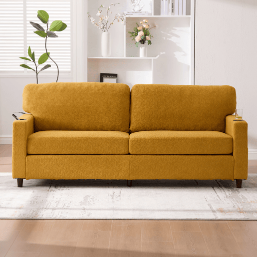 Sofá de chenille de 2 lugares - USB-C, iluminação LED, porta-copos, bolsos - Amarelo mostarda