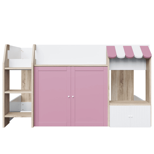 Cama infantil 90x200 - Com espaço de arrumação, escada, cama alta em madeira maciça - Branco+Rosa+Cor da madeira Cama infantil 90x200 - Com espaço de arrumação, escada, cama alta em madeira maciça - Branco+Rosa+Cor da madeira