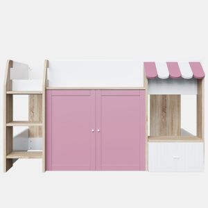 Cama infantil 90x200 - Com espaço de arrumação, escada, cama alta em madeira maciça - Branco+Rosa+Cor da madeira