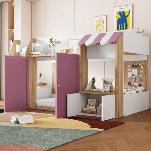 Cama infantil 90x200 - Com espaço de arrumação, escada, cama alta em madeira maciça - Branco+Rosa+Cor da madeira Cama infantil 90x200 - Com espaço de arrumação, escada, cama alta em madeira maciça - Branco+Rosa+Cor da madeira