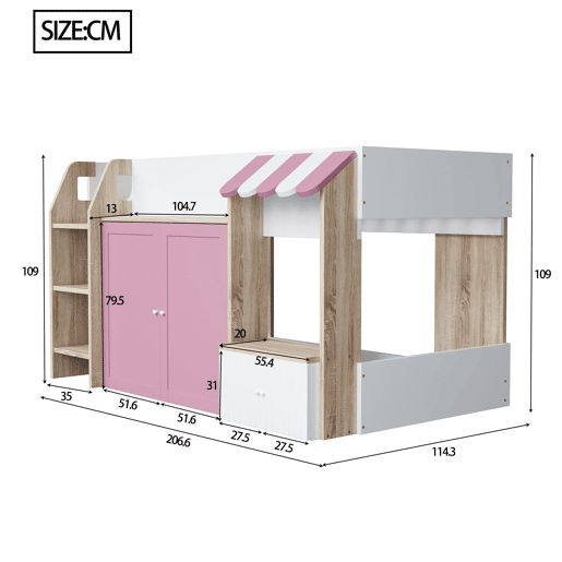 Cama infantil 90x200 - Com espaço de arrumação, escada, cama alta em madeira maciça - Branco+Rosa+Cor da madeira Cama infantil 90x200 - Com espaço de arrumação, escada, cama alta em madeira maciça - Branco+Rosa+Cor da madeira