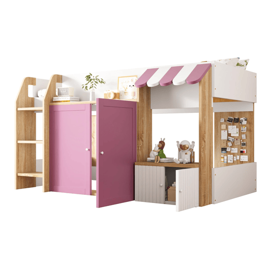 Cama infantil 90x200 - Com espaço de arrumação, escada, cama alta em madeira maciça - Branco+Rosa+Cor da madeira Cama infantil 90x200 - Com espaço de arrumação, escada, cama alta em madeira maciça - Branco+Rosa+Cor da madeira