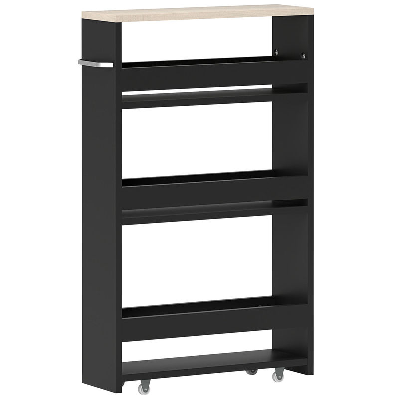 Kleankin carrito auxiliar con ruedas delgado de 3 niveles, carrito de cocina estrecho con 3 estantes, tablero y asa, para comedor, salón, baño, 48x15x80 cm, negro