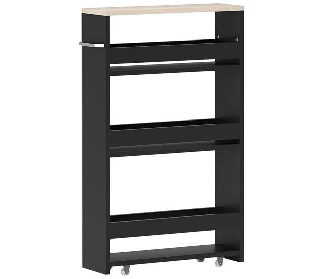 Kleankin carrito auxiliar con ruedas delgado de 3 niveles, carrito de cocina estrecho con 3 estantes, tablero y asa, para comedor, salón, baño, 48x15x80 cm, negro