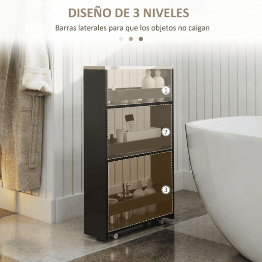 kleankin Carrinho Auxiliar Estreito com Rodas, 3 Prateleiras, Tabuleiro e Pega, para Cozinha, Sala ou Casa de Banho, 48x15x80 cm, Preto