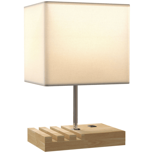 HOMCOM Candeeiro de Mesa com Portas USB-AC Três Ranhuras para Telemóveis Candeeiro de Mesa de Cabeceira Moderno com Base de Madeira e Ecrã de Tecido para Quarto Sala de Estar E27 40W 25x20x40,5 cm Branco