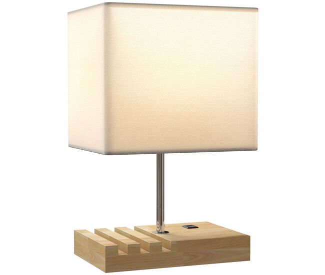Homcom lámpara de mesa con puertos usb-a/c, tres ranuras para teléfonos, lámpara de mesita de noche moderno con base de madera y pantalla de tela, para dormitorio, salón, e27, 40w, blanco