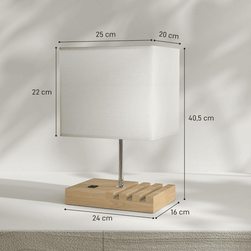HOMCOM Candeeiro de Mesa com Portas USB-AC Três Ranhuras para Telemóveis Candeeiro de Mesa de Cabeceira Moderno com Base de Madeira e Ecrã de Tecido para Quarto Sala de Estar E27 40W 25x20x40,5 cm Branco