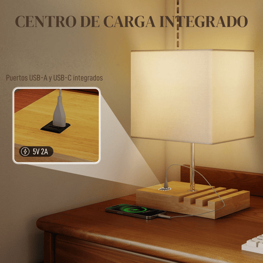 HOMCOM Candeeiro de Mesa com Portas USB-AC Três Ranhuras para Telemóveis Candeeiro de Mesa de Cabeceira Moderno com Base de Madeira e Ecrã de Tecido para Quarto Sala de Estar E27 40W 25x20x40,5 cm Branco