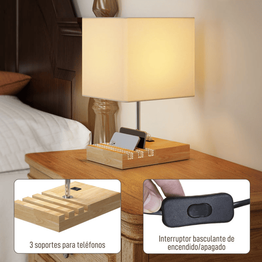 HOMCOM Candeeiro de Mesa com Portas USB-AC Três Ranhuras para Telemóveis Candeeiro de Mesa de Cabeceira Moderno com Base de Madeira e Ecrã de Tecido para Quarto Sala de Estar E27 40W 25x20x40,5 cm Branco