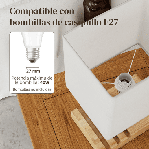 HOMCOM Candeeiro de Mesa com Portas USB-AC Três Ranhuras para Telemóveis Candeeiro de Mesa de Cabeceira Moderno com Base de Madeira e Ecrã de Tecido para Quarto Sala de Estar E27 40W 25x20x40,5 cm Branco
