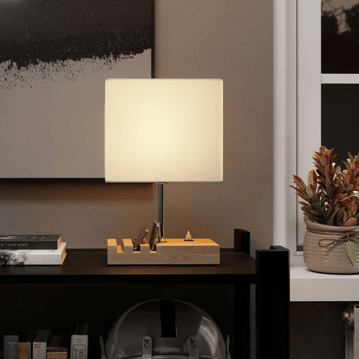 HOMCOM Candeeiro de Mesa com Portas USB-AC Três Ranhuras para Telemóveis Candeeiro de Mesa de Cabeceira Moderno com Base de Madeira e Ecrã de Tecido para Quarto Sala de Estar E27 40W 25x20x40,5 cm Branco