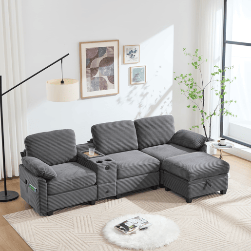 Sofá Cord 3 lugares - Conforto em espuma, consola central removível, USB-C, cinza escuro