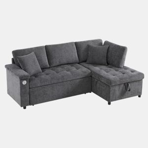Sofá L 3 lugares - Sofá-cama extensível, com arrumação, carregador USB, apoio de braços e 2 almofadas - Cinza