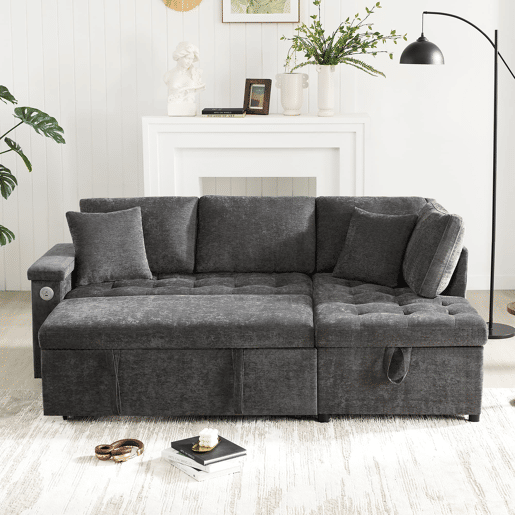 Sofá L 3 lugares - Sofá-cama extensível, com arrumação, carregador USB, apoio de braços e 2 almofadas - Cinza