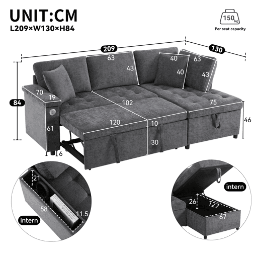 Sofá L 3 lugares - Sofá-cama extensível, com arrumação, carregador USB, apoio de braços e 2 almofadas - Cinza