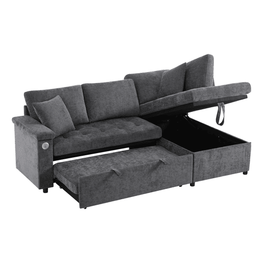Sofá L 3 lugares - Sofá-cama extensível, com arrumação, carregador USB, apoio de braços e 2 almofadas - Cinza