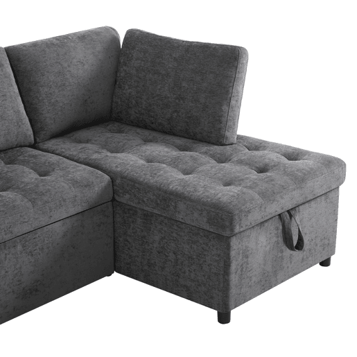 Sofá L 3 lugares - Sofá-cama extensível, com arrumação, carregador USB, apoio de braços e 2 almofadas - Cinza