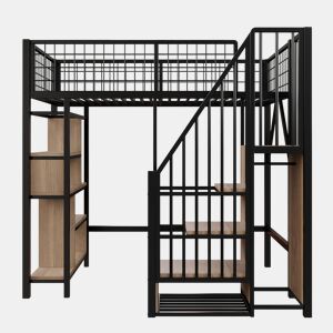 Cama alta multifuncional 90x200 cm - Com arrumação, prateleiras e escada - Preto