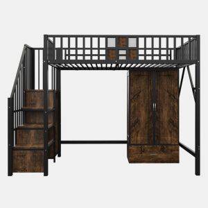 Cama alta metálica 90x200 - Design com grade de madeira e grade metálica, com armário, gavetas e escada de armazenamento, Preto