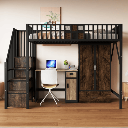 Cama alta metálica 90x200 - Design com grade de madeira e grade metálica, com armário, gavetas e escada de armazenamento, Preto