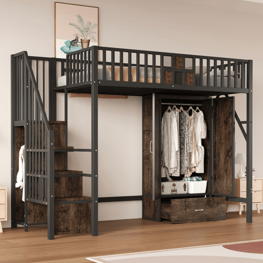 Cama alta metálica 90x200 - Design com grade de madeira e grade metálica, com armário, gavetas e escada de armazenamento, Preto